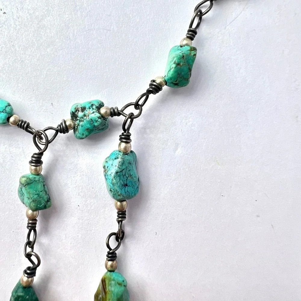 Vintage Turquoise Sterling Silver Fringe Necklace Boho Southwestern Choker Bib